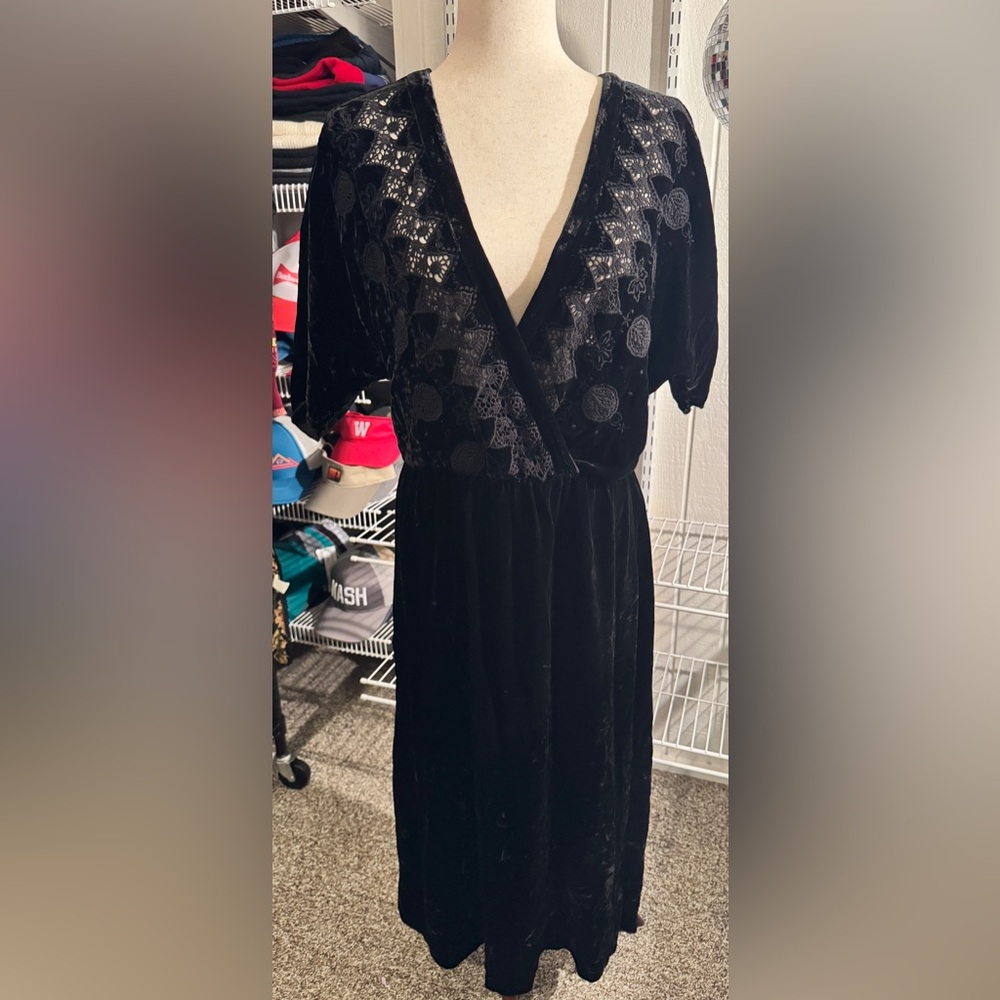 Johnny Was Black Velvet Dress with Lace Detail